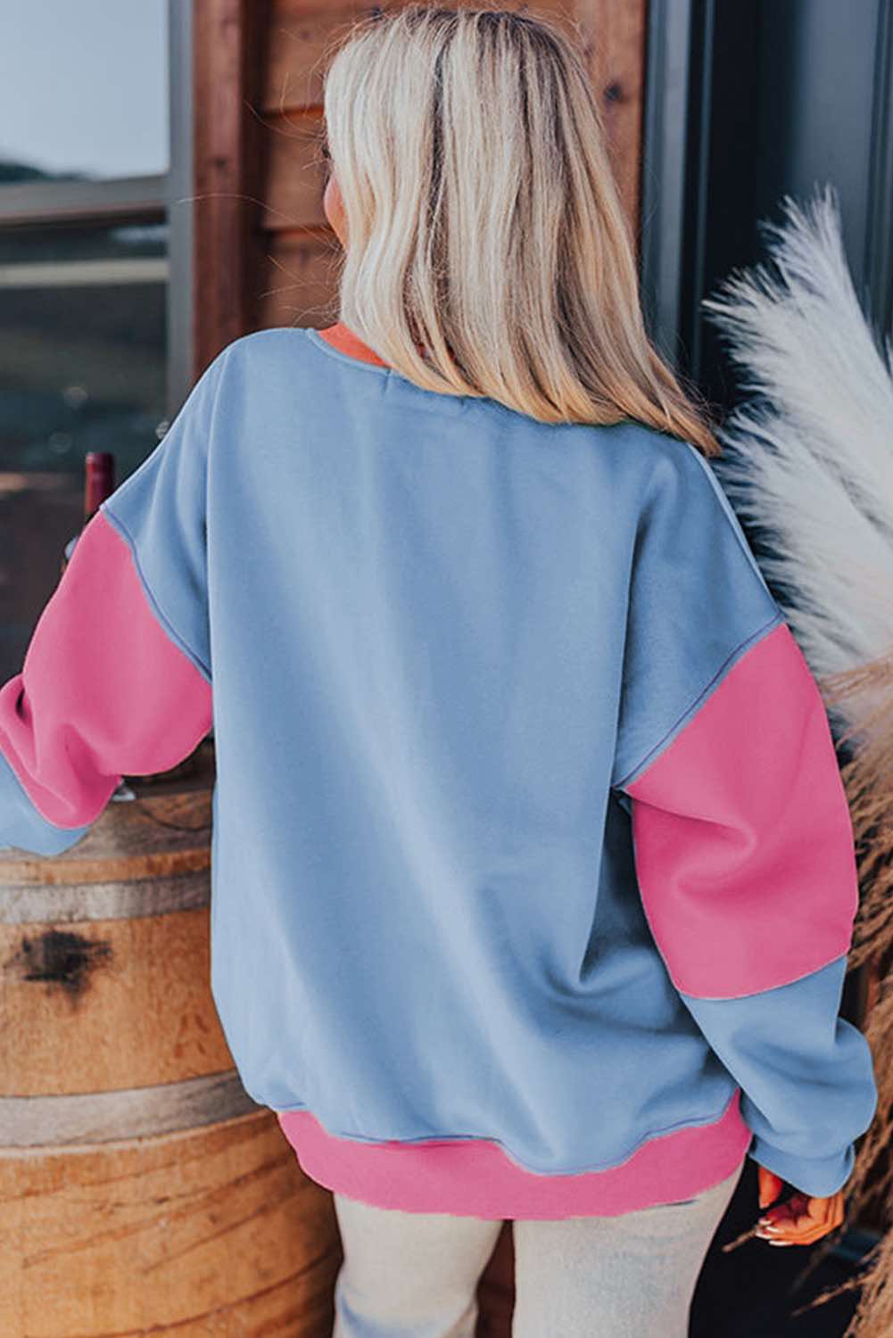 Bright Pink Colorblock Patchwork Drop Shoulder Sweatshirt