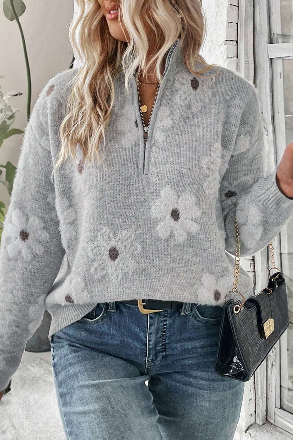 Floral Pattern Half Zip Drop Shoulder Sweater