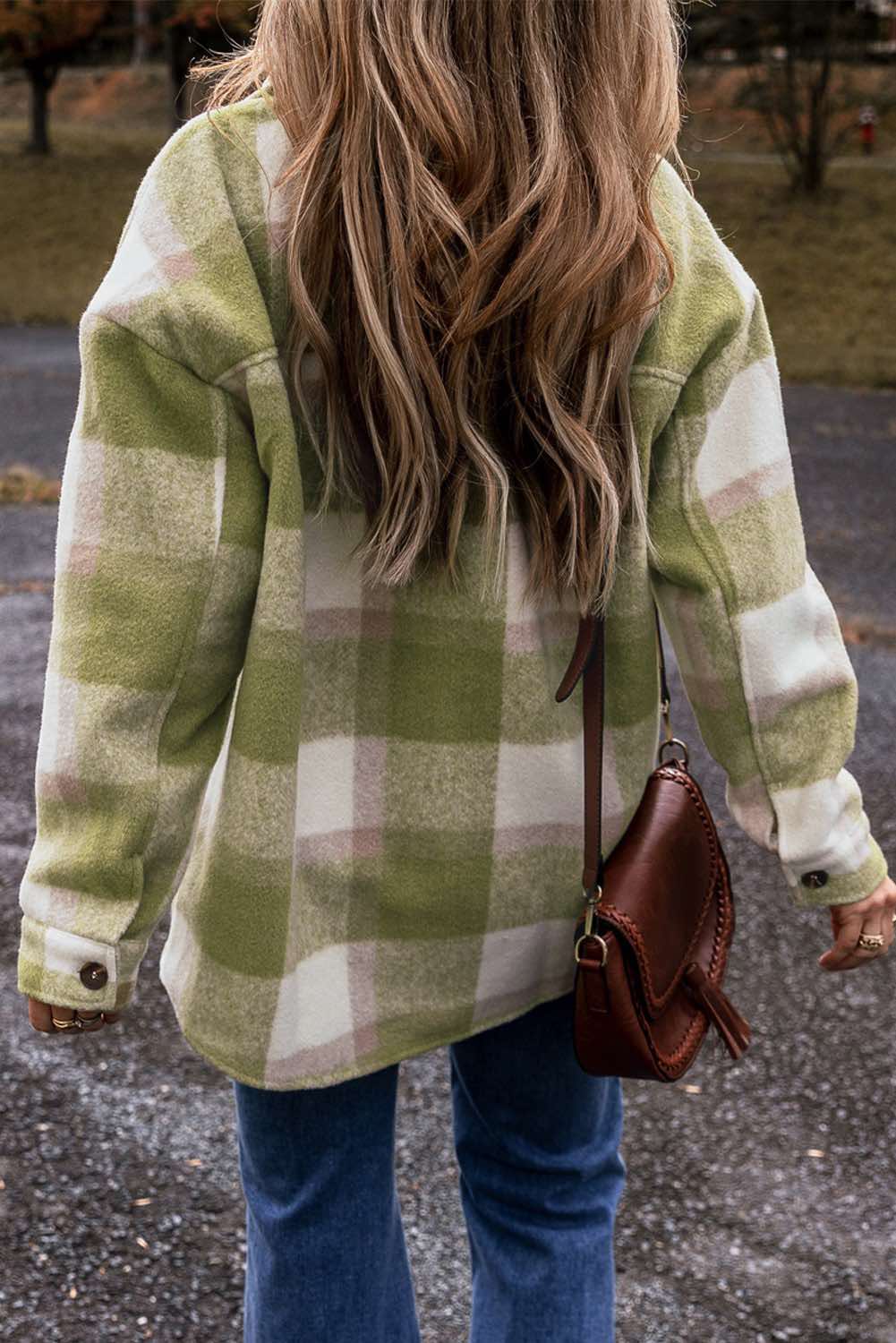 Plaid Print Buttoned Flap Pockets Baggy Shacket