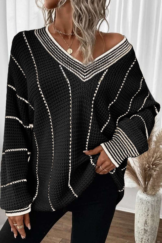 Color block Striped V Neck Knitted Loose Sweater