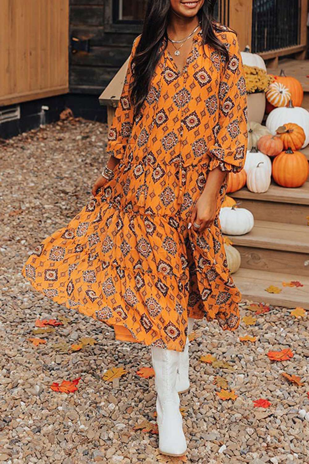 Western Print Tiered Frilled Loose Fit Midi Dress