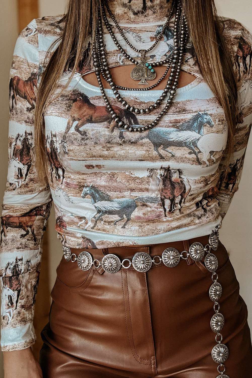 Western Wild Horses Print Hollow-out High Neck Top