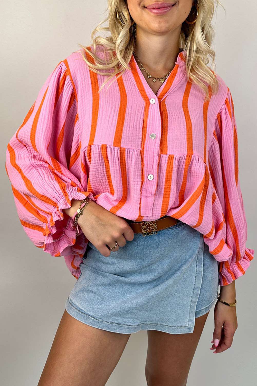 Stripe Crinkled Ruffled Sleeve Button up Loose Shirt