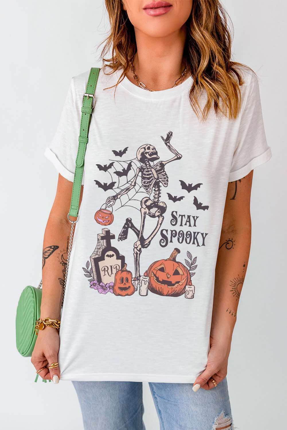 Skull Pumpkin Face STAY SPOOKY Graphic Halloween T Shirt