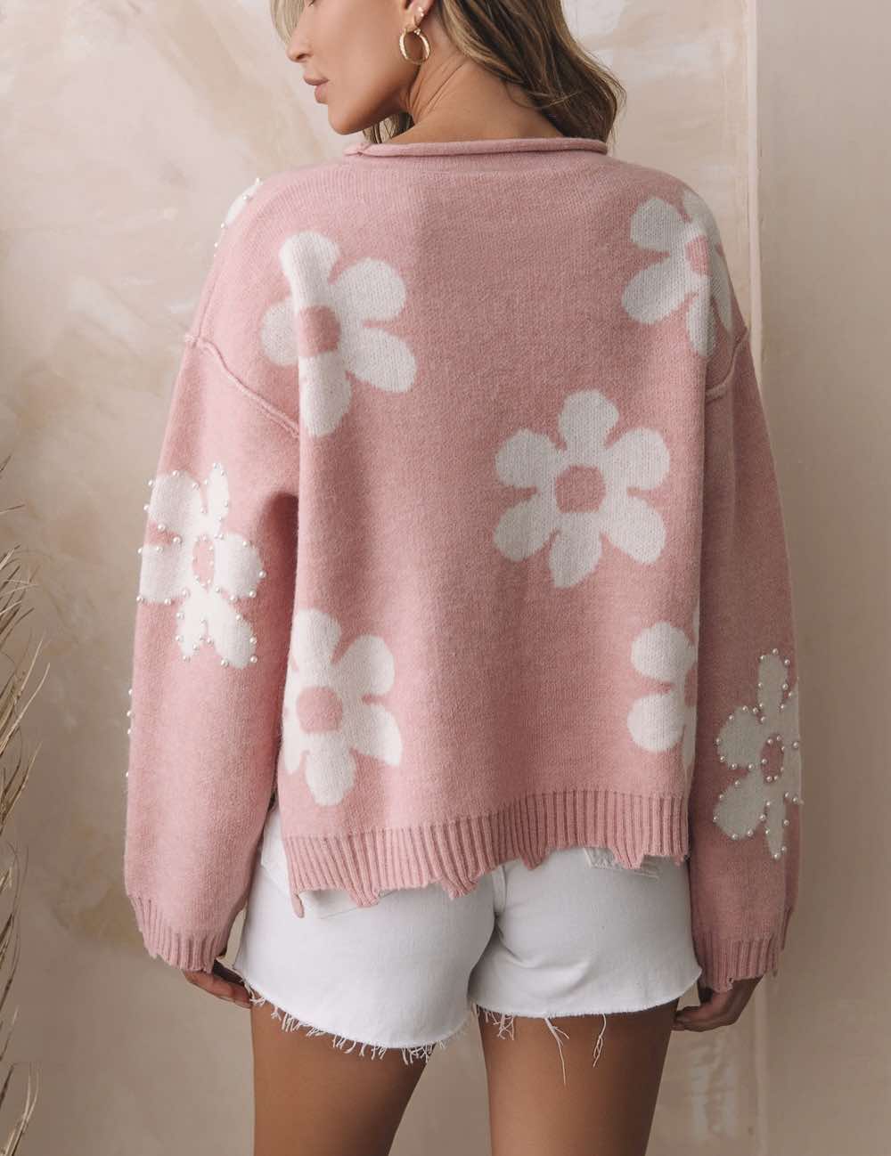 Pearl Beaded Floral Drop Shoulder Sweater