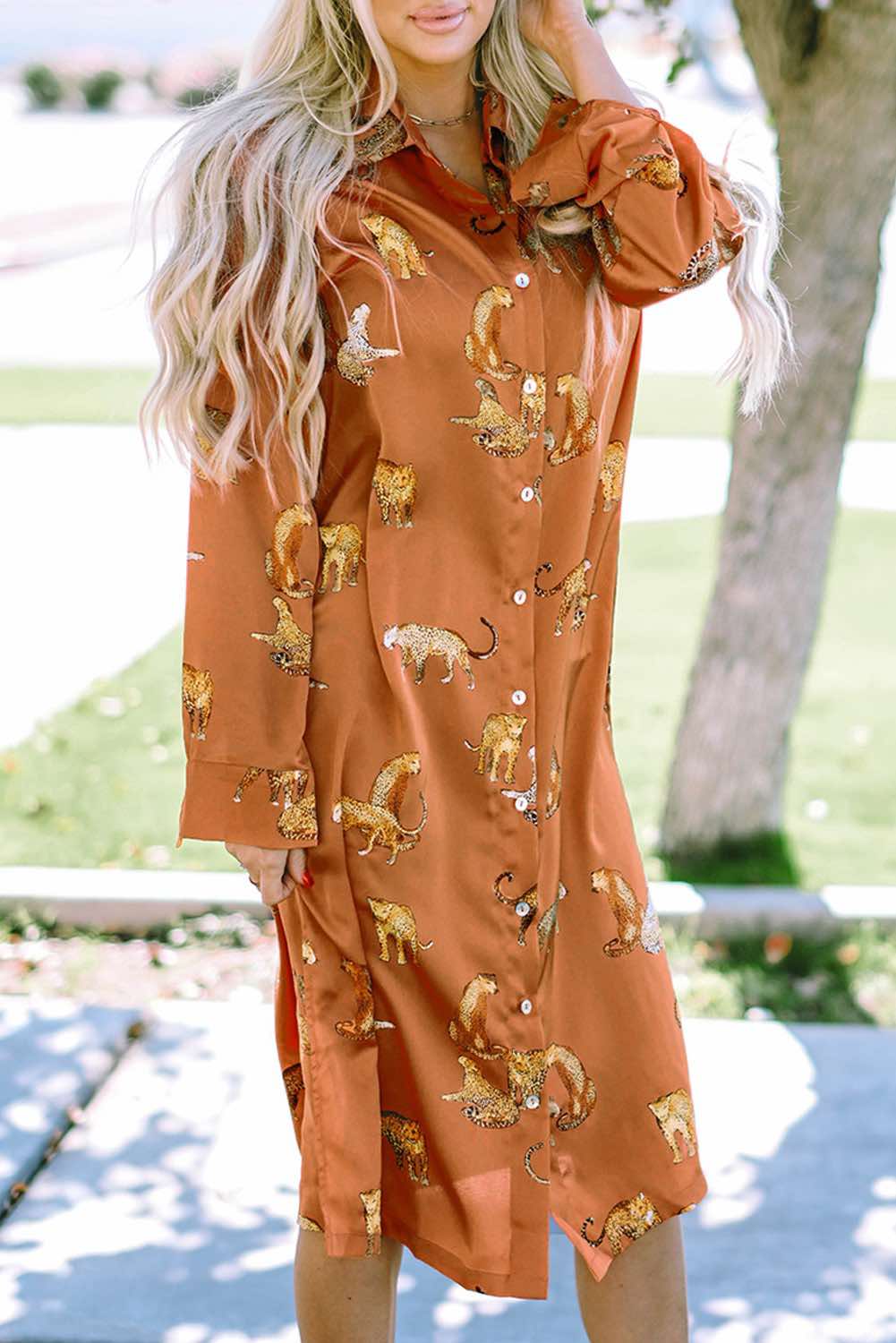 Cheetah Print Button-Up Split Shirt Dress