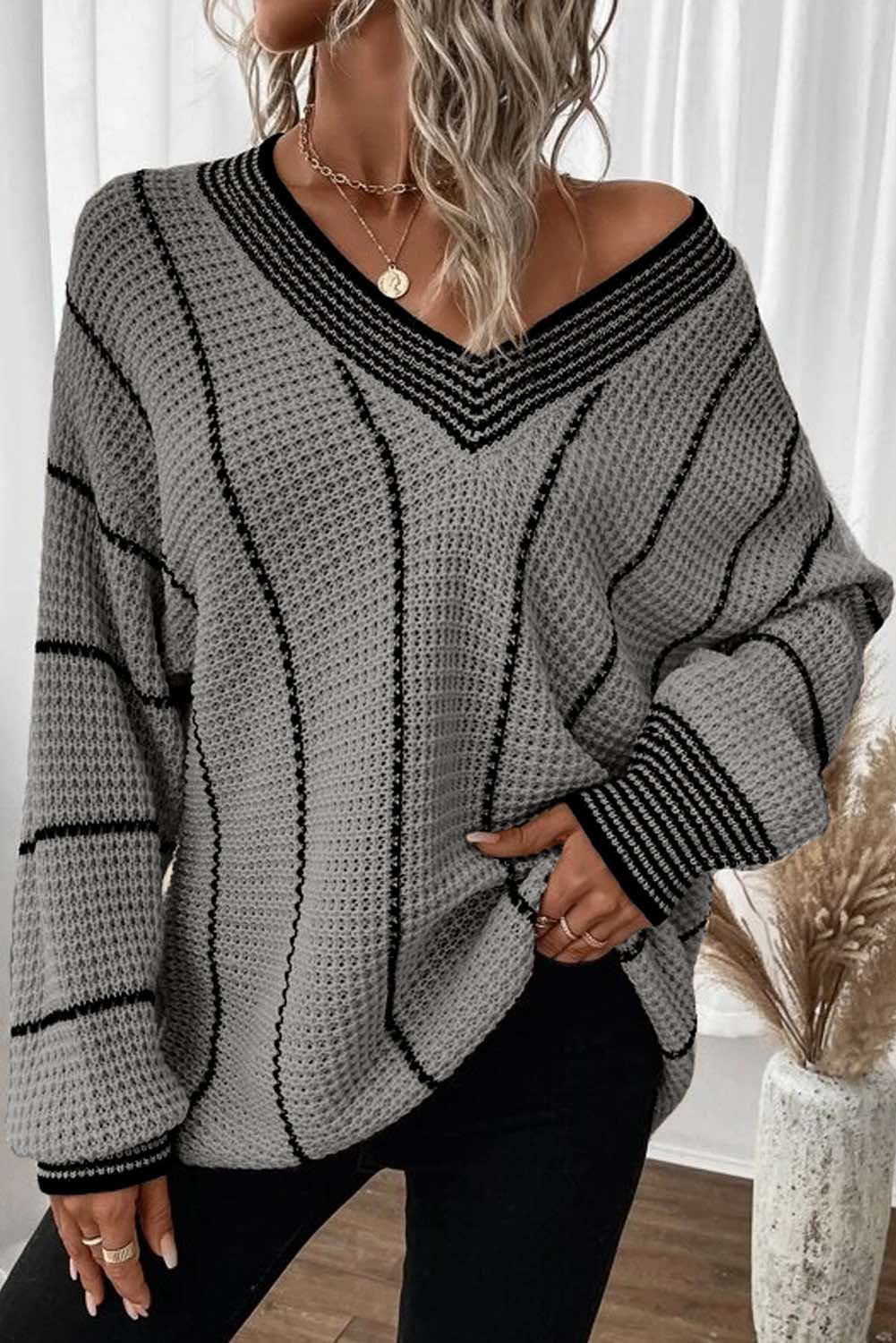 Color block Striped V Neck Knitted Loose Sweater