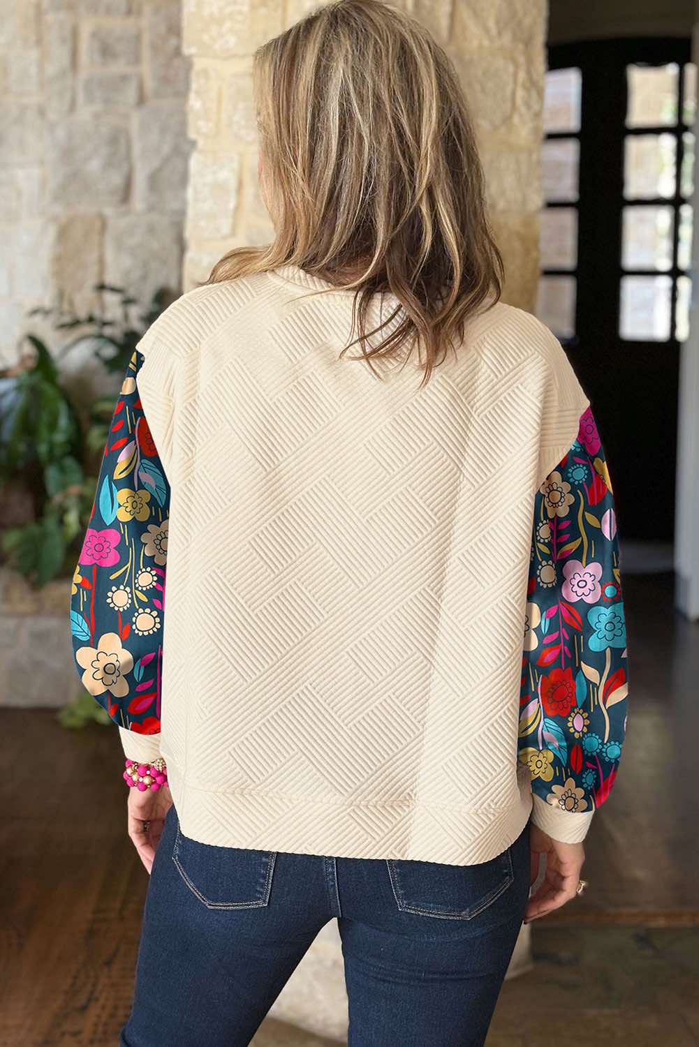 Floral Sleeve Textured Drop Shoulder Knit Top