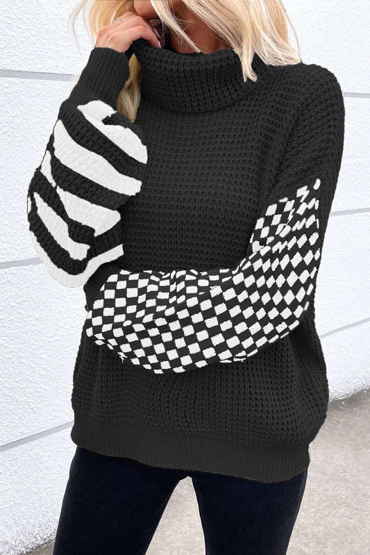 Striped Plaid Patchwork Waffle Knit Turtleneck Sweater