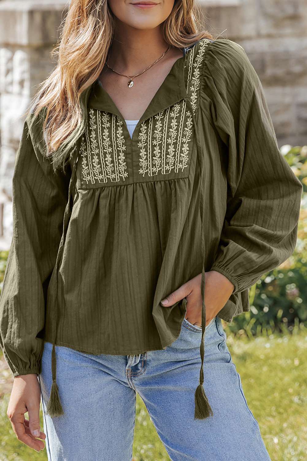 Green Embroidered Split Neck Pleated Loose Blouse