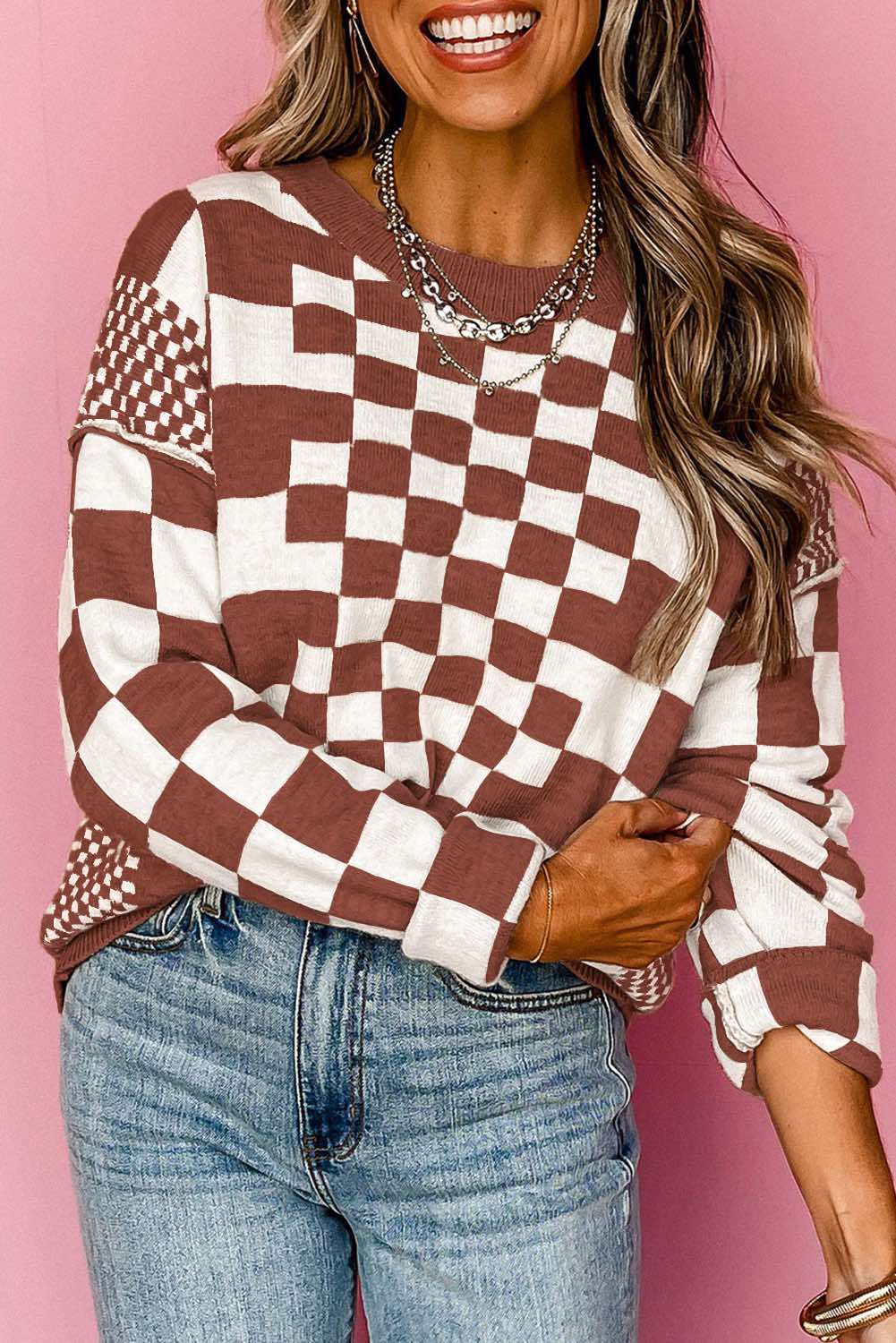 Checkered Print Drop Shoulder Round Neck Sweate