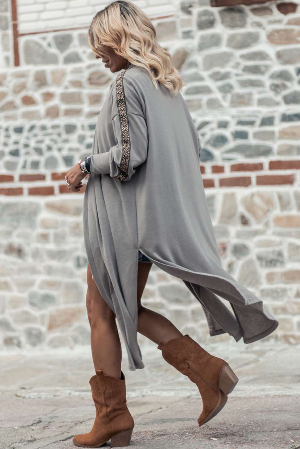 Grey Aztec Accent Side Slit Open Front Long Cardigan