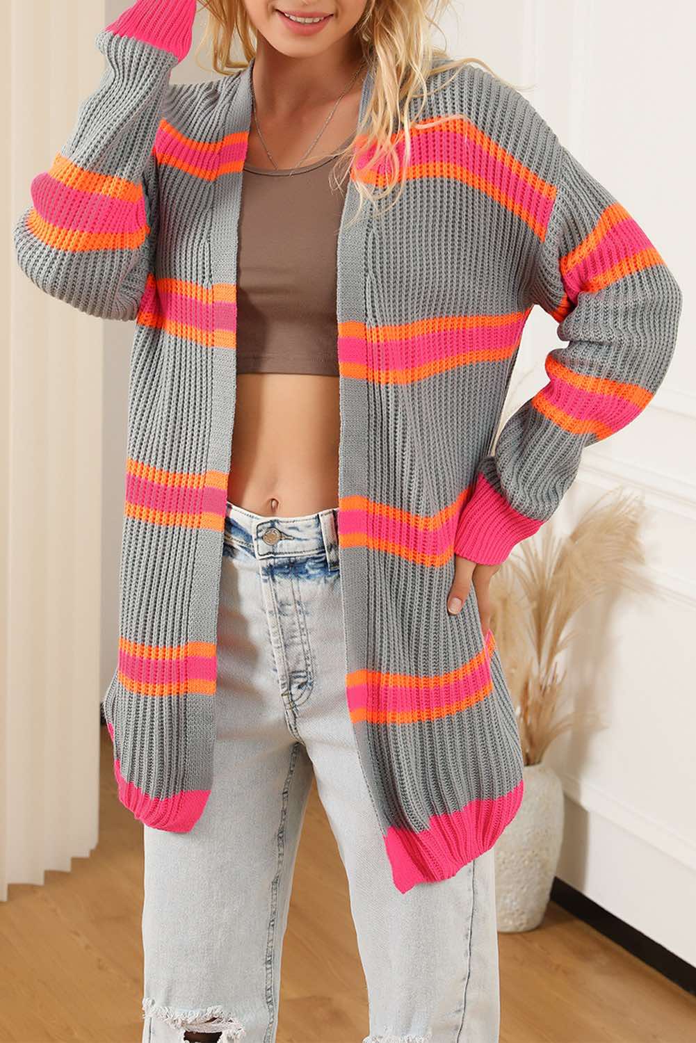 Stripe Printed Ribbed Long Knitted Cardigan