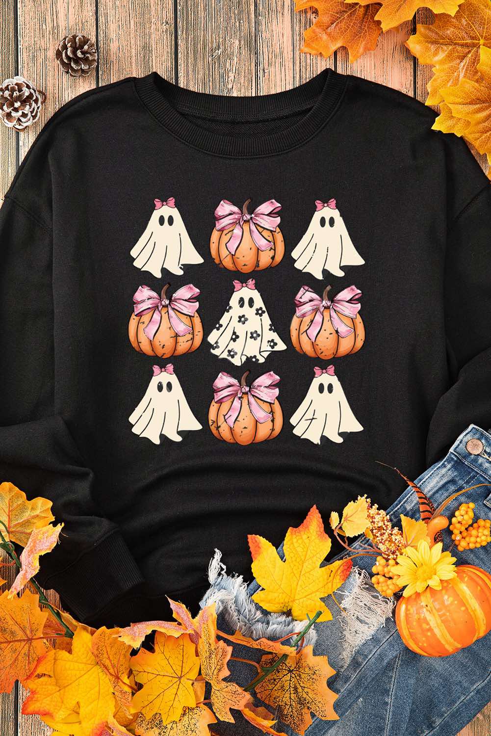 Halloween Bowknot Ghost Pumpkin Graphic Crewneck Sweatshirt