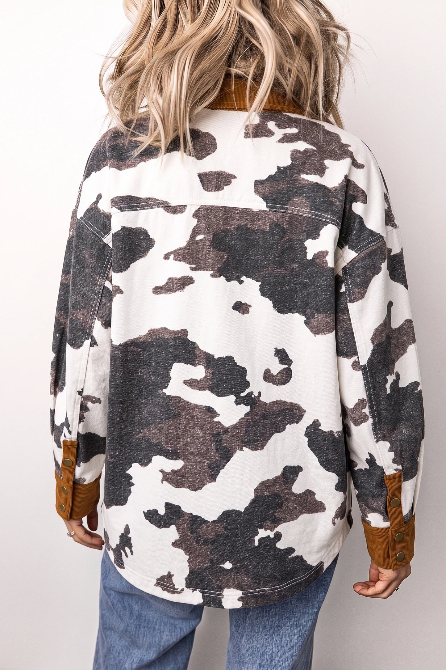 Western Cow Print Button-Up Denim Jacket
