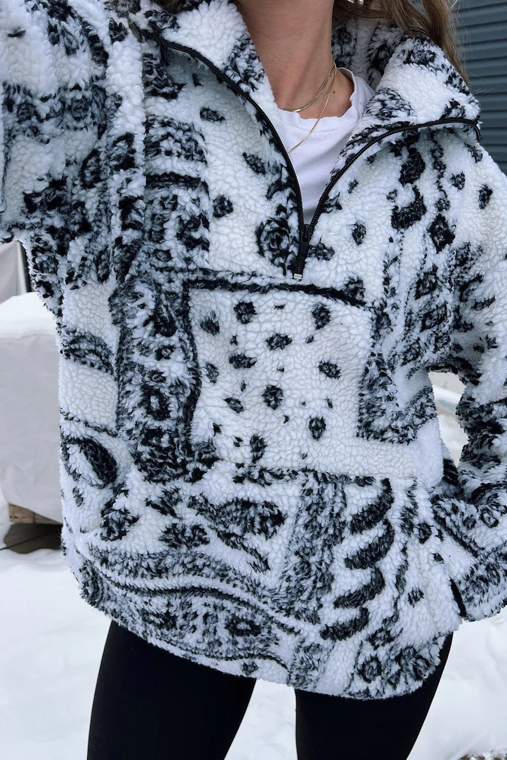 Sherpa Quarter Zip Western Print Oversize Sweatshirt