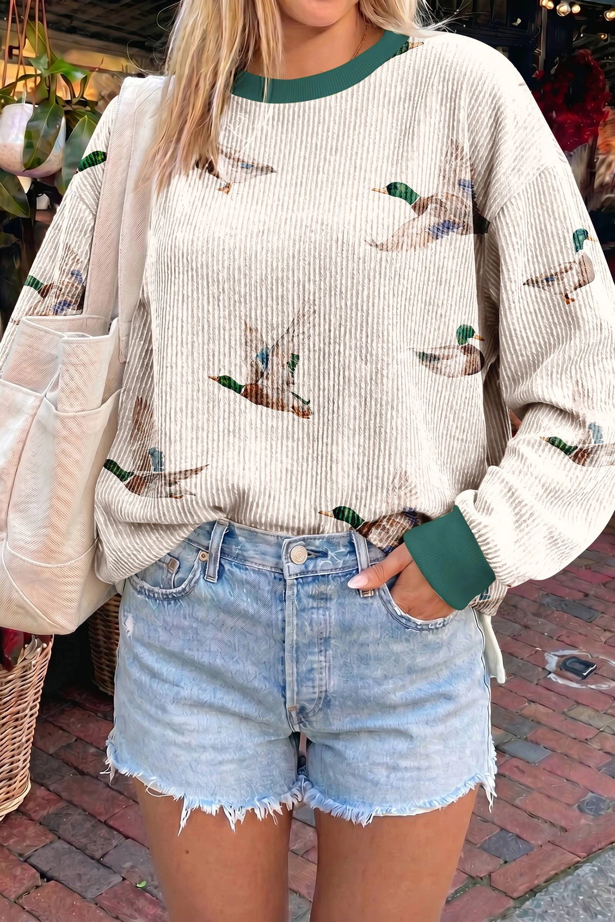 Beige Twisted Ribbed Duck Print Pullover Top