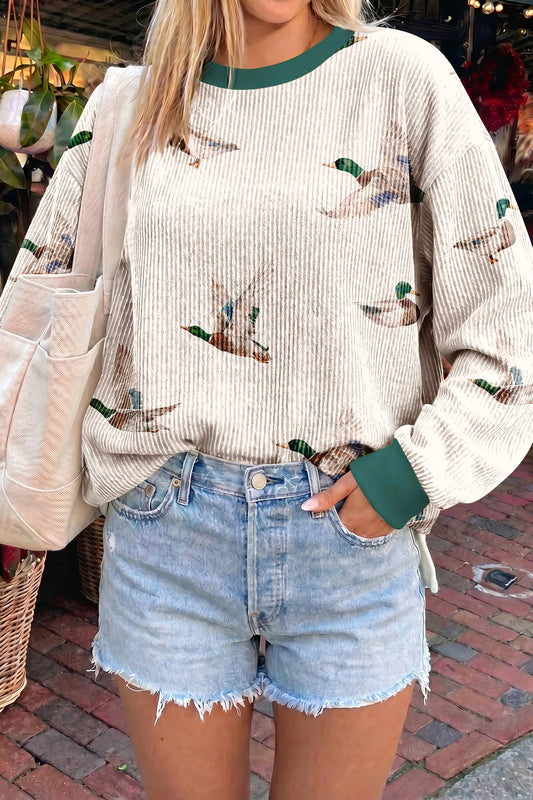 Beige Twisted Ribbed Duck Print Pullover Top