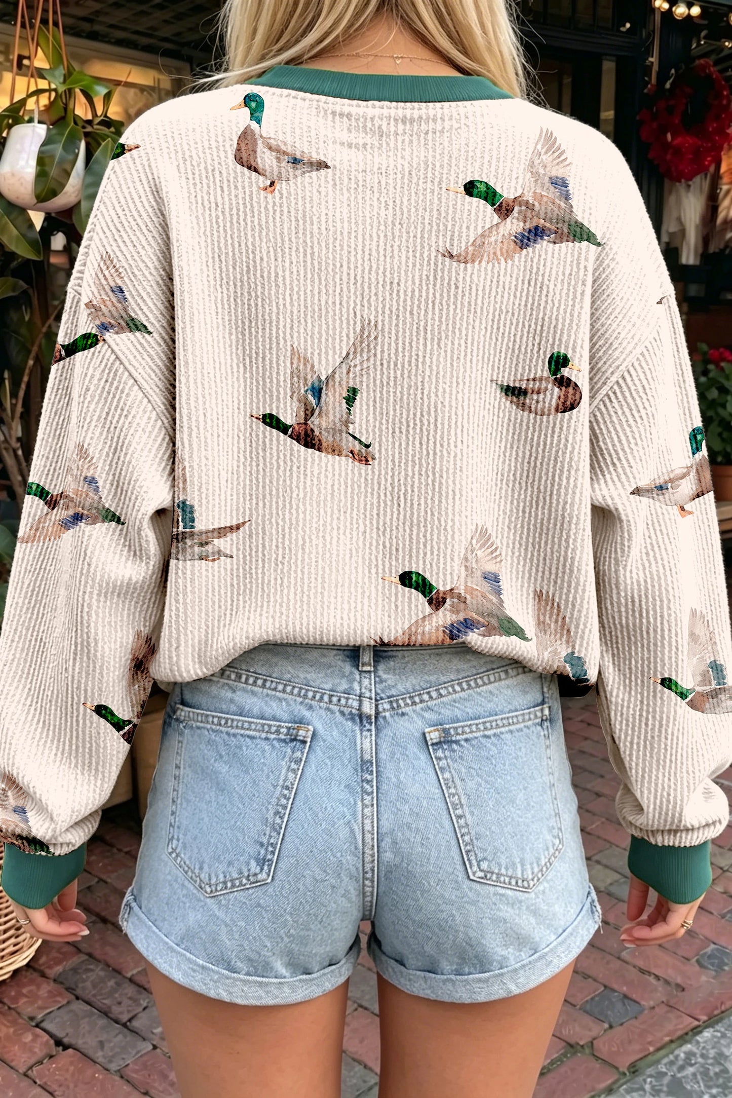 Beige Twisted Ribbed Duck Print Pullover Top