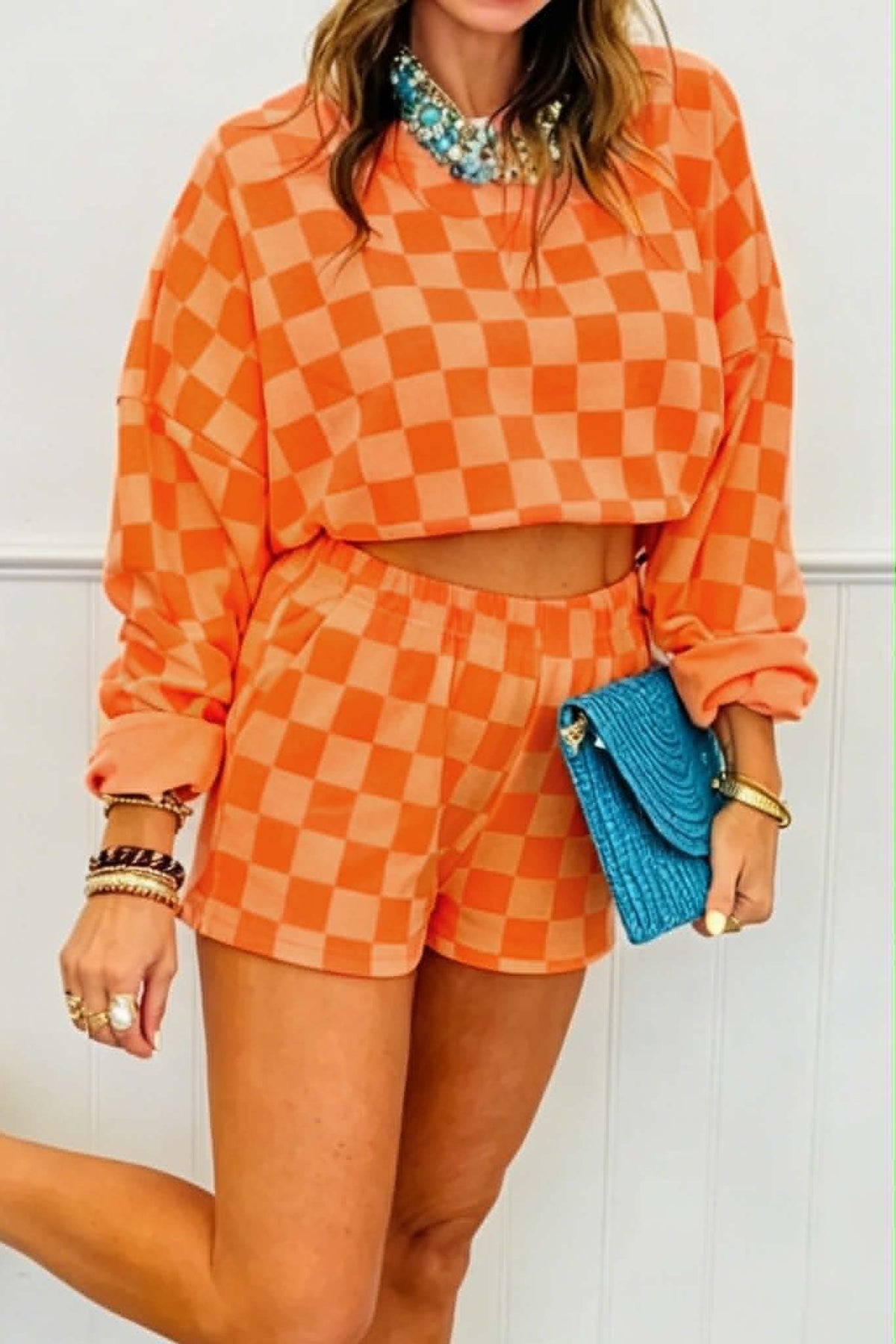 Orange Checkered Crop Top/ Shorts Set