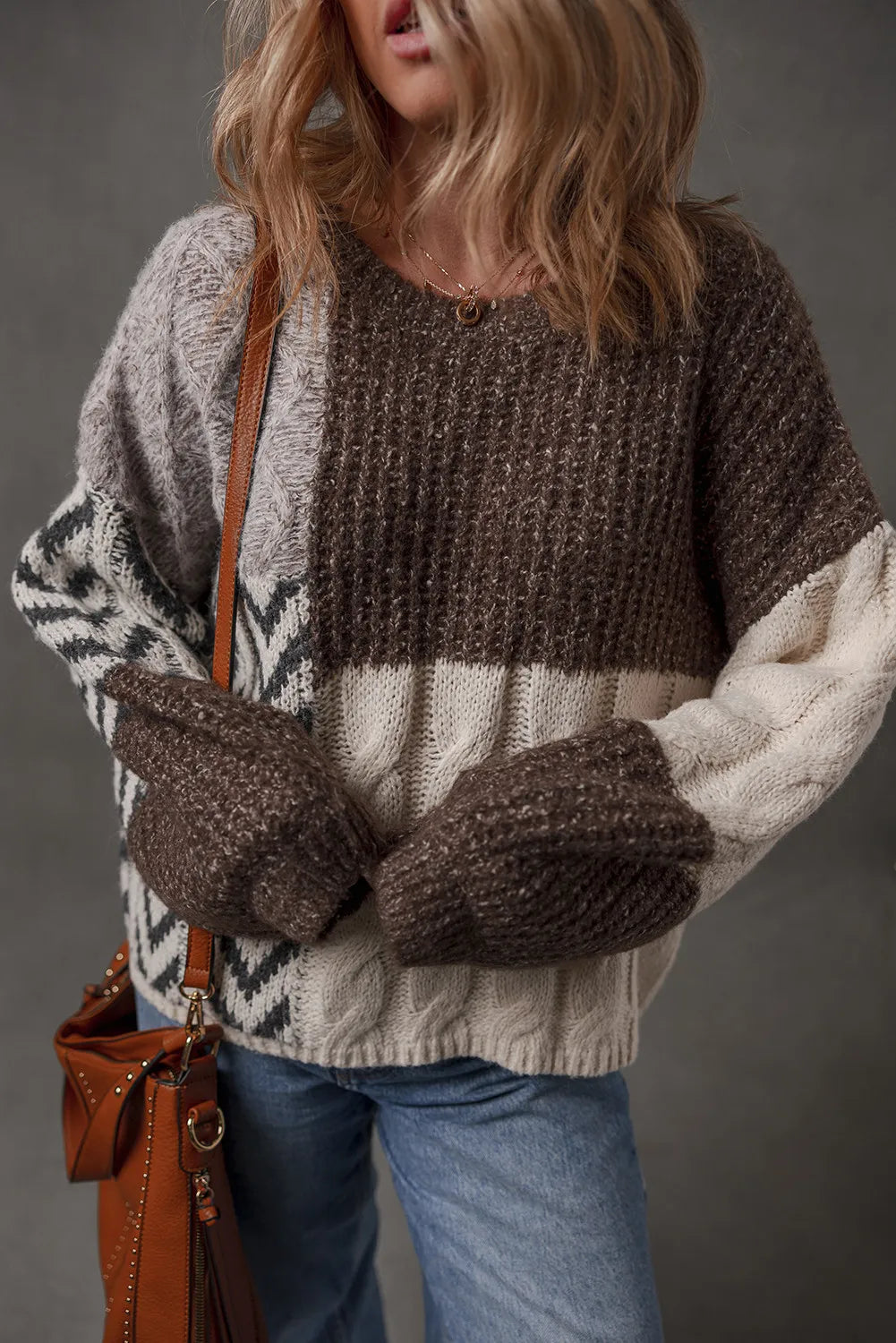 Color Block Patchwork Knotted Back Loose Fit Sweater
