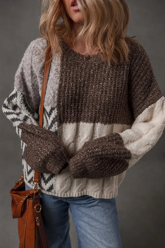 Color Block Patchwork Knotted Back Loose Fit Sweater