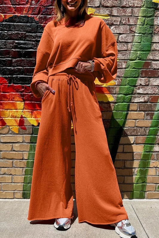Drop Shoulder Puff Sleeve Crop Pullover Drawstring Wide Leg Pants Set