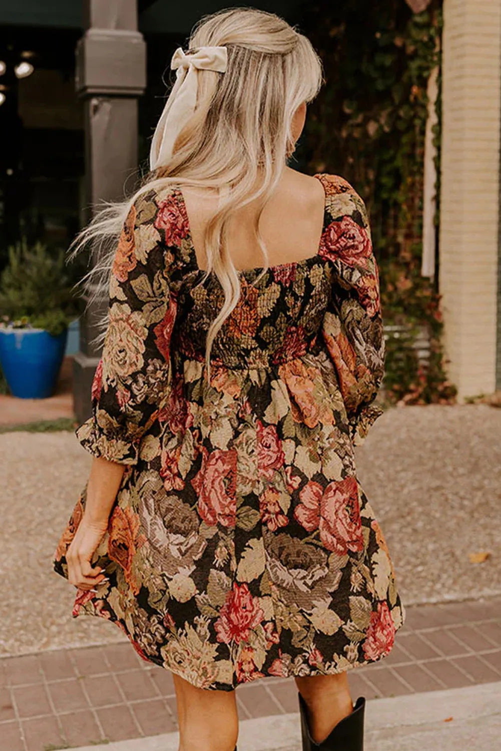 Floral Jacquard Knit Square Neck 3/4 Puff Sleeve Loose Mini Dress