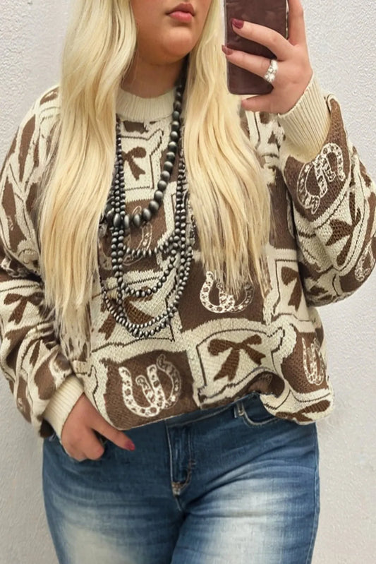 Bow Horseshoe Print Checkered Plus Size Sweater