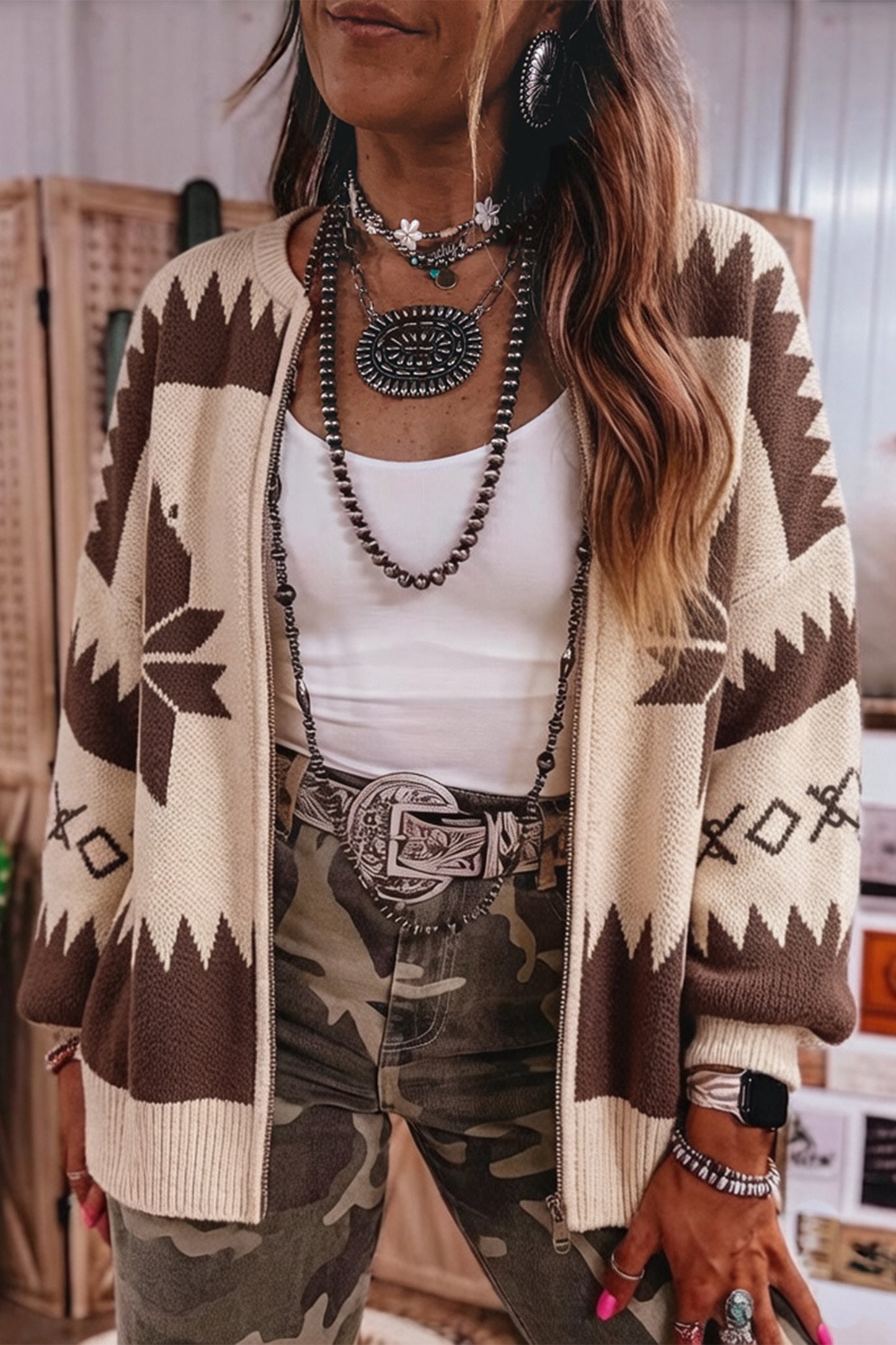 Western Geometric Zip Sweater Cardigan