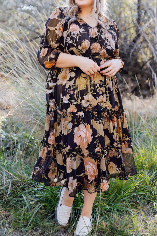 Smocked Bust 3/4 Sleeve Tiered Ruffle Long Dress