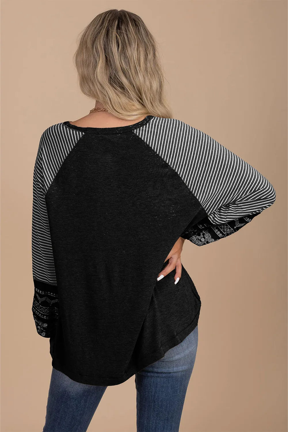 Print Striped Raglan Long Sleeve Loose Top