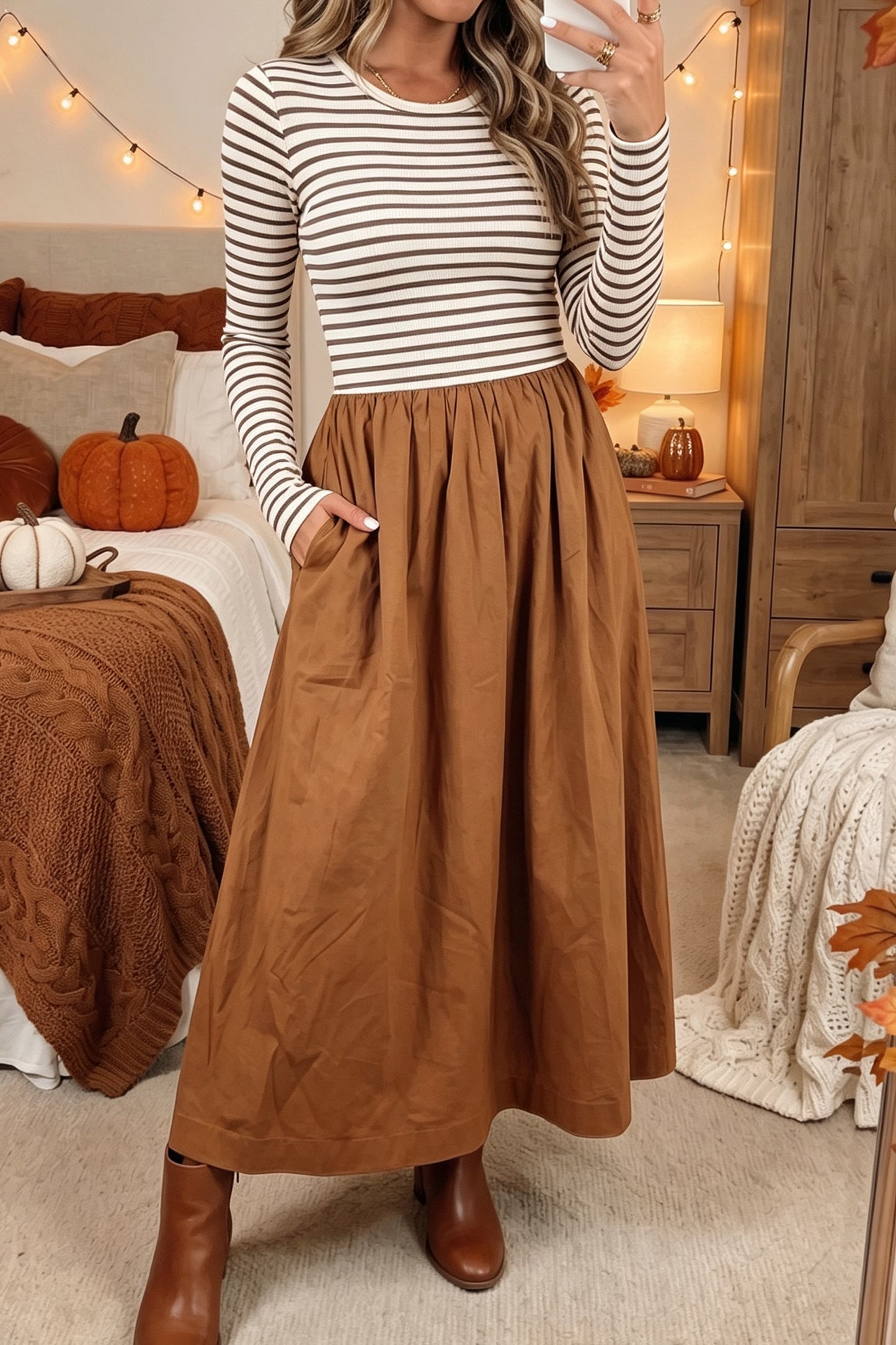 Ribbed Knit Long Sleeve Bodice Flared Dress