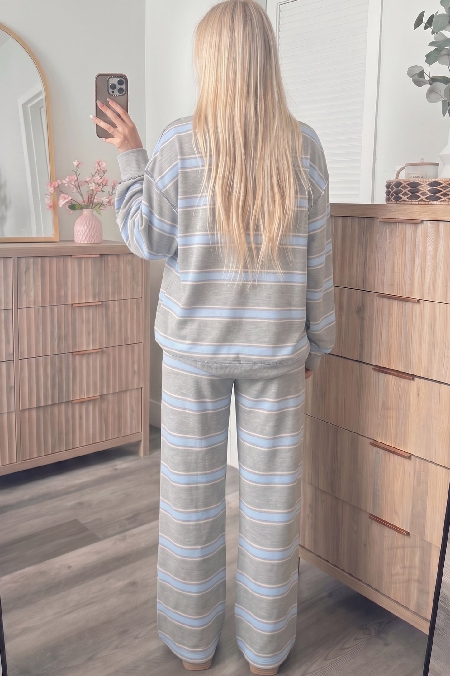 Sky Blue Stripe Mock Top and Loose Pants set