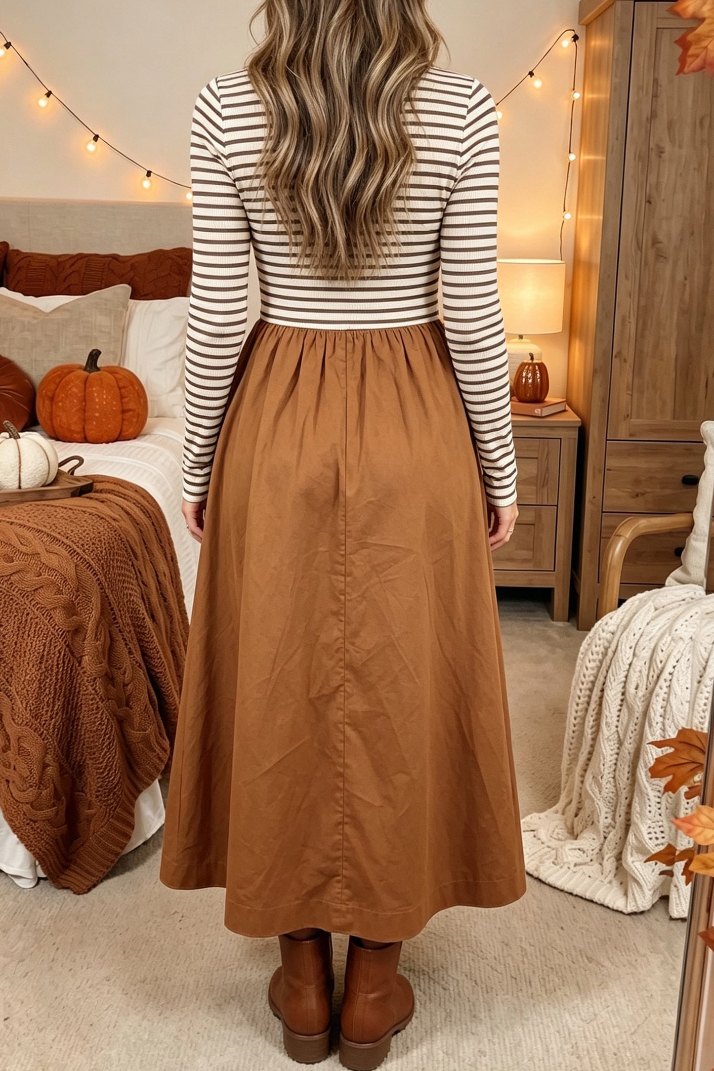 Ribbed Knit Long Sleeve Bodice Flared Dress