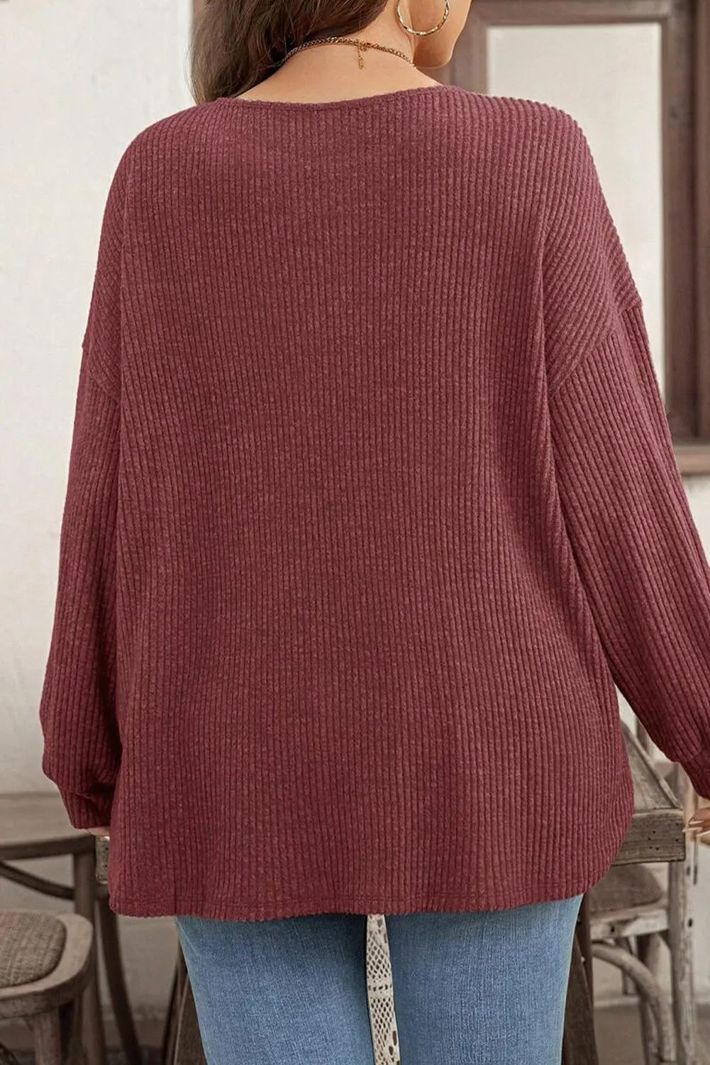Wild Ginger Plus Size Ribbed Button Decor Long Sleeve Loose Top