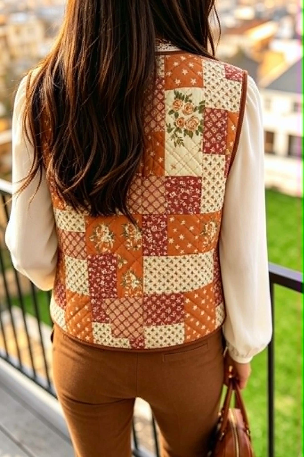 Golden Quilted Floral Button Vest