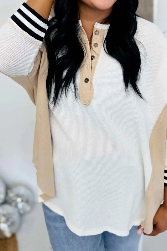 Khaki Contrast Striped Cuffs Colorblock Knit Plus Henley Top