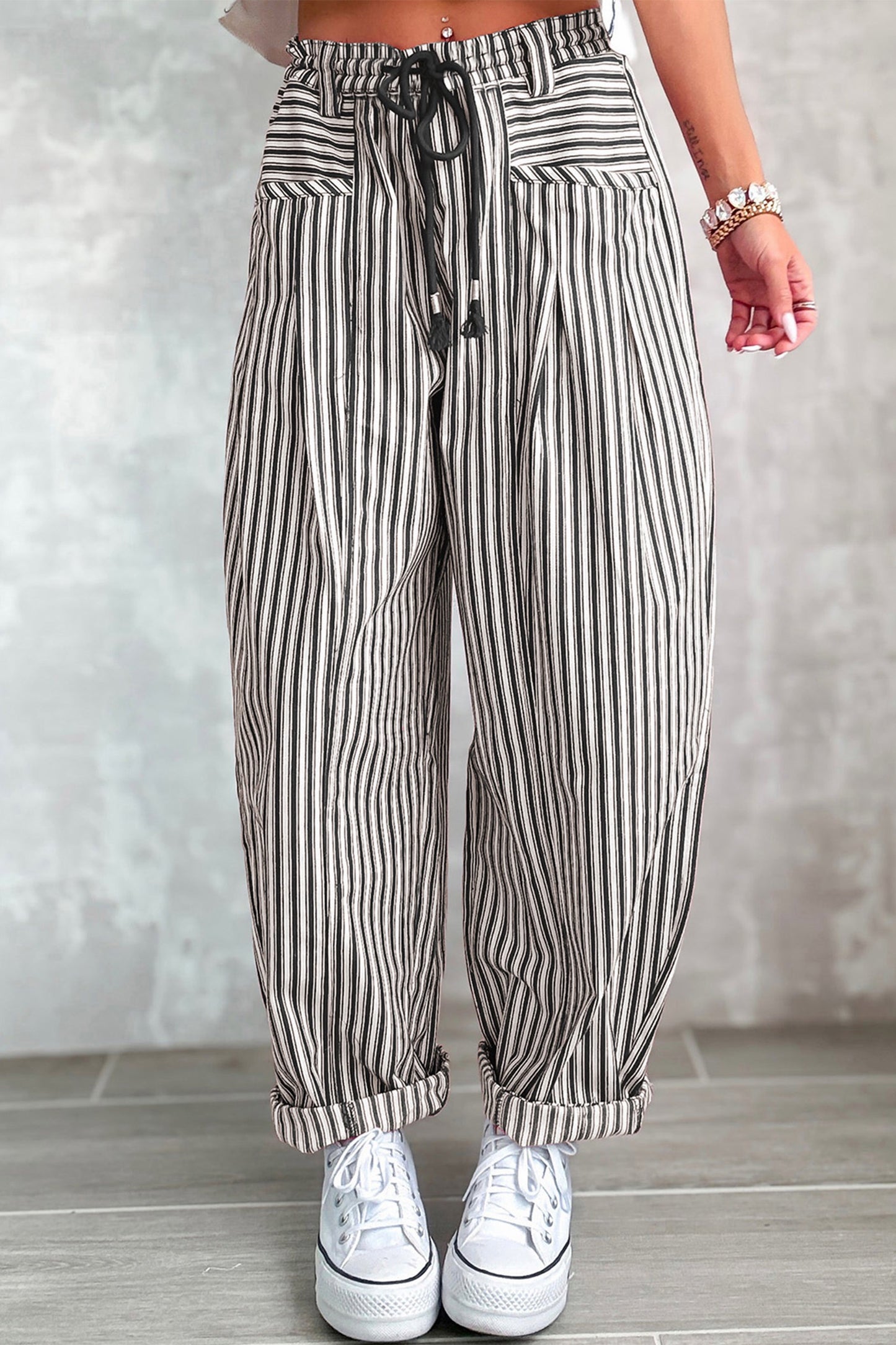 Black Stripe Drawstring Casual Loose Pants
