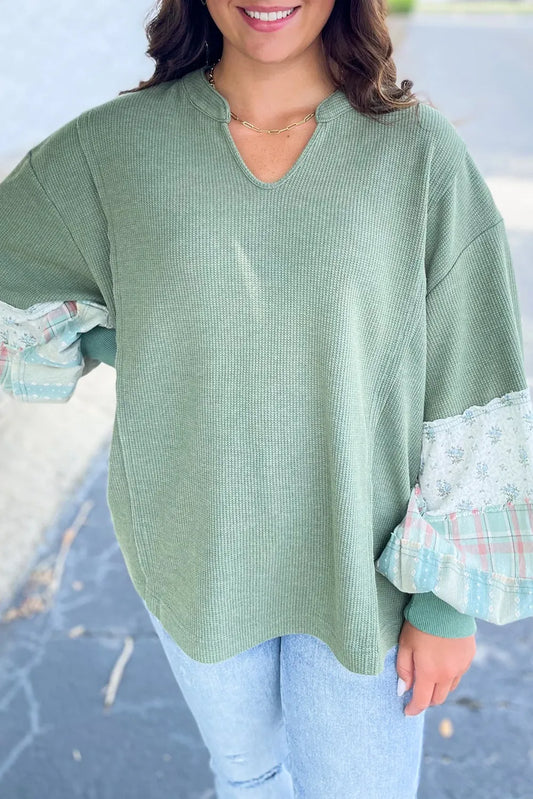 Floral Sleeve Patchwork Waffle Knit Notched V Neck Plus Size Top