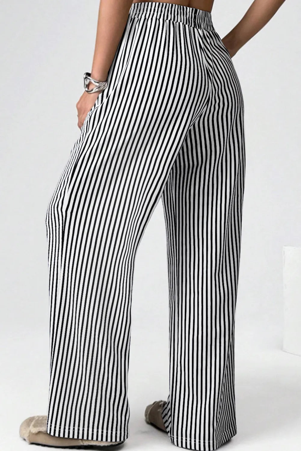 Black Stripe Elastic High Waist Pocketed Loose Pants