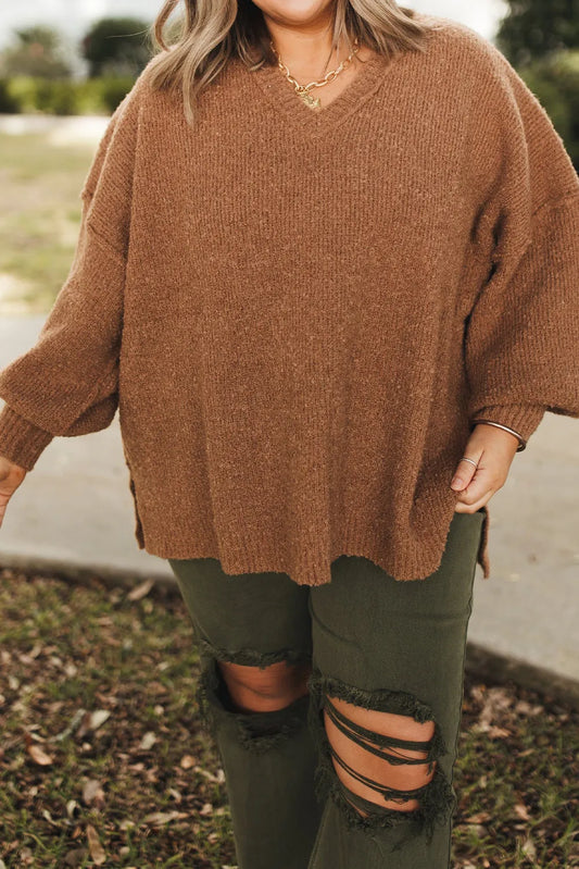 V Neck Drop Shoulder Knit Side Slit Loose Sweater