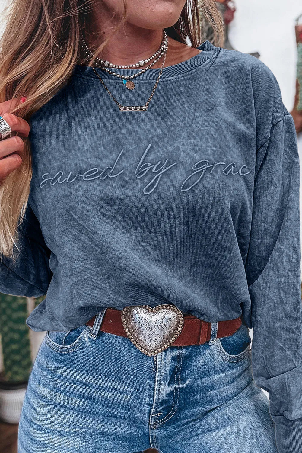 saved by grace Letter Embroidery Mineral Wash Loose Sweatshirt