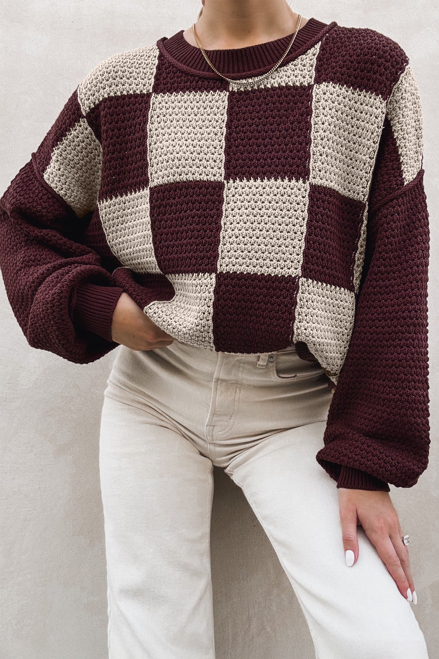 Checkered Pattern Knit Loose Pullover Sweater