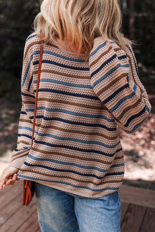 Striped Knitted Drop Shoulder Round Neck Sweater