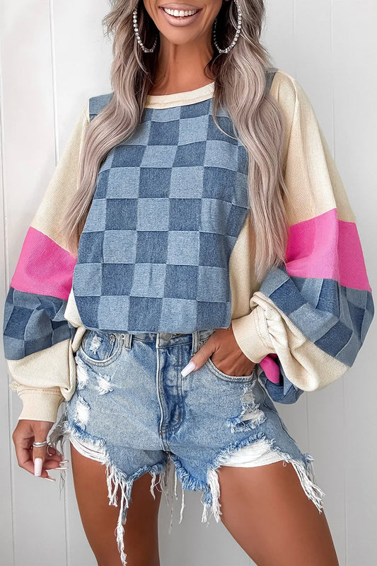 Oversized Checkered Denim Exposed Seam Patchwork Casual Sweatshirt