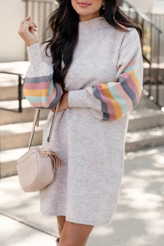 Grey Striped Detail Puff Sleeve High Neck Shift Mini Sweater Dress