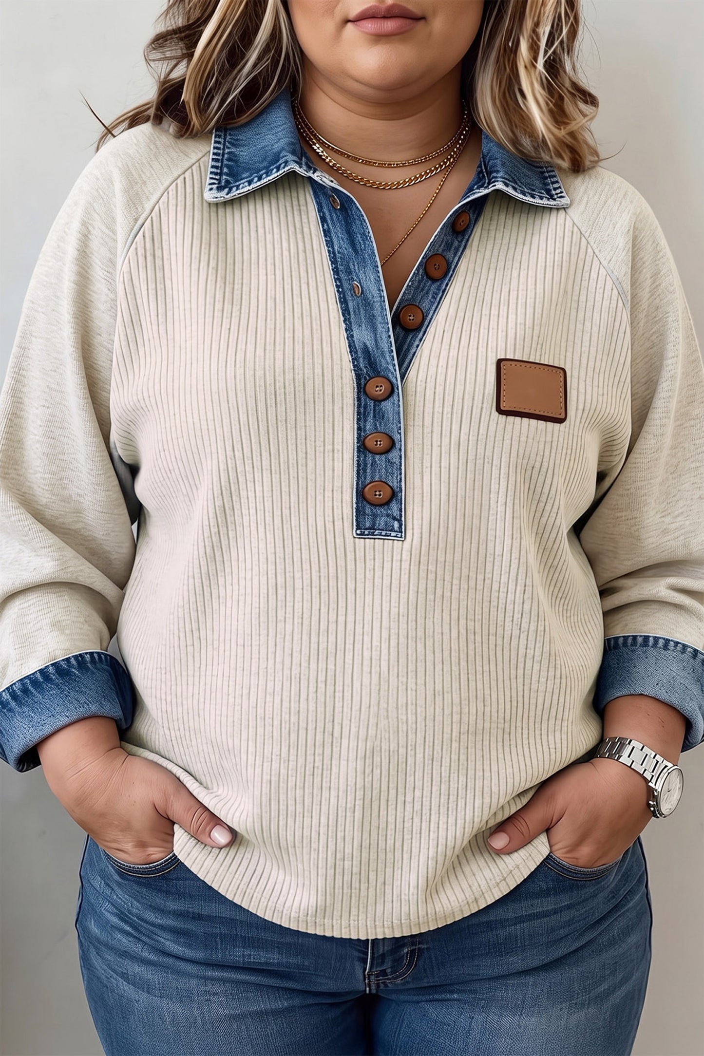 Light Grey Tunic Top with Denim Collar Blouse