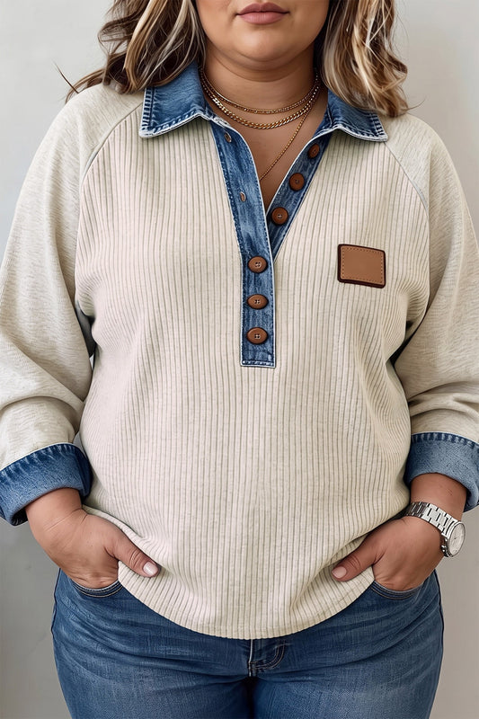 Light Grey Tunic Top with Denim Collar Blouse