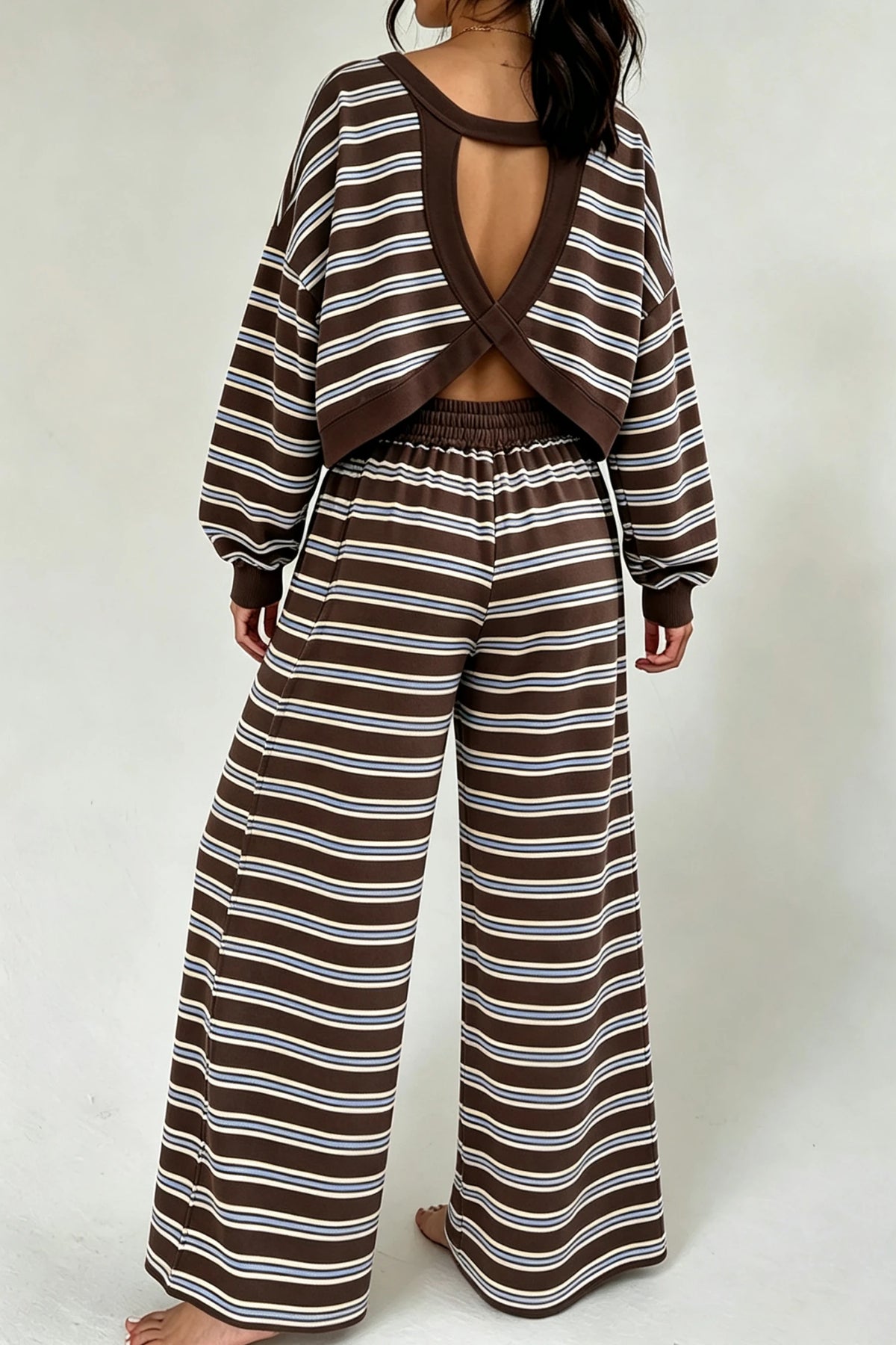 Brown Stripe Top and Wide Leg Pants 2pcs Set